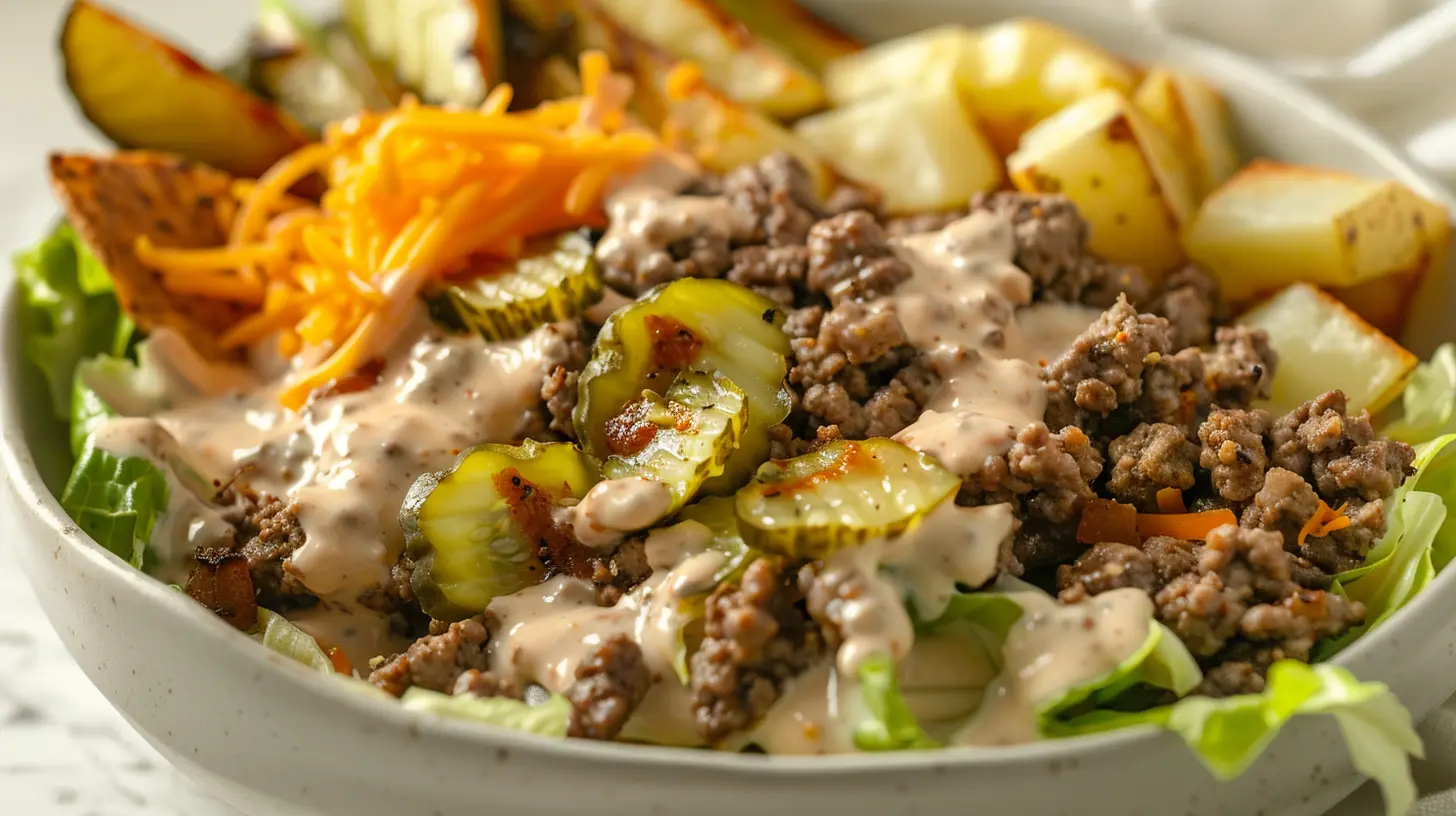 Burger bowl with ground beef, lettuce, pickles, cheese, and sauce
