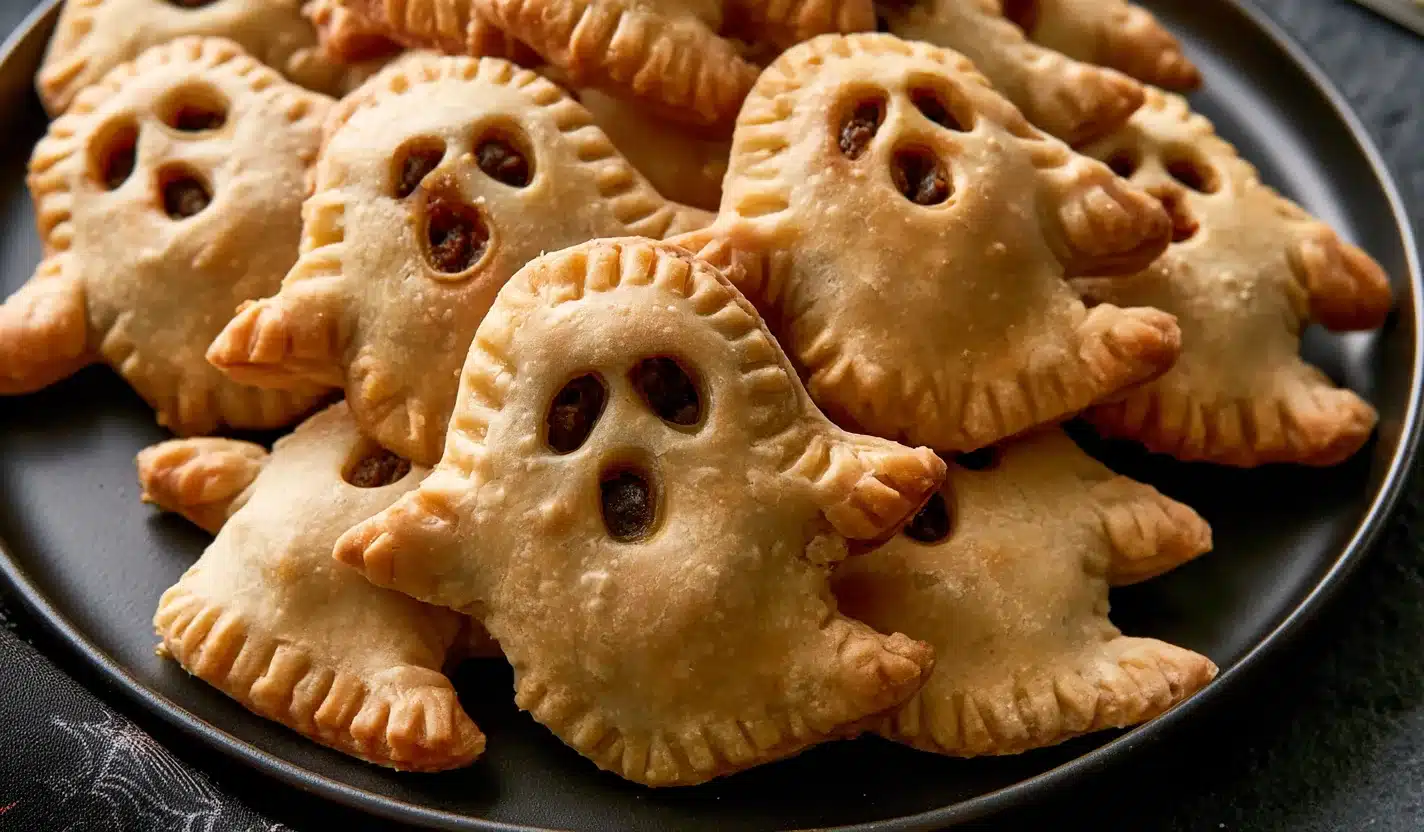 Golden ghost-shaped mini taco pies with cutout eyes and savory taco filling on a black plate.