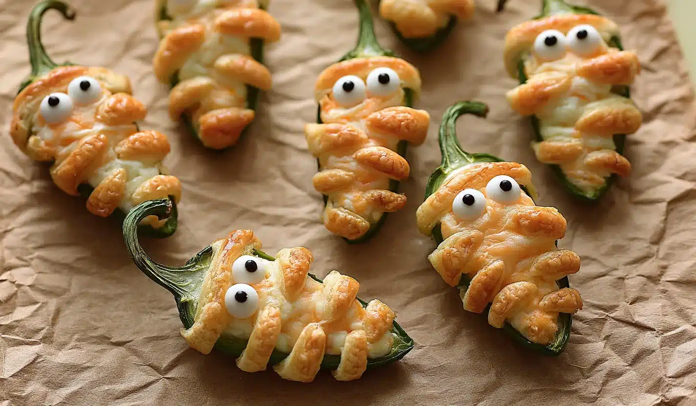 Golden mummy jalapeño poppers stuffed with creamy cheese and decorated with googly eyes.