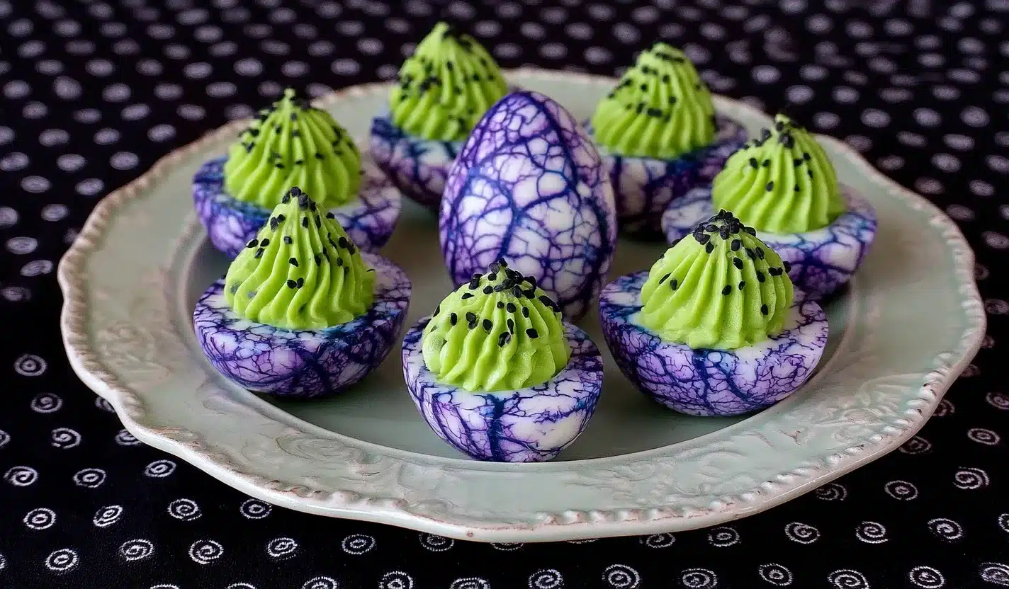 Purple spider web deviled eggs filled with bright green creamy filling and sprinkled with black sesame seeds.