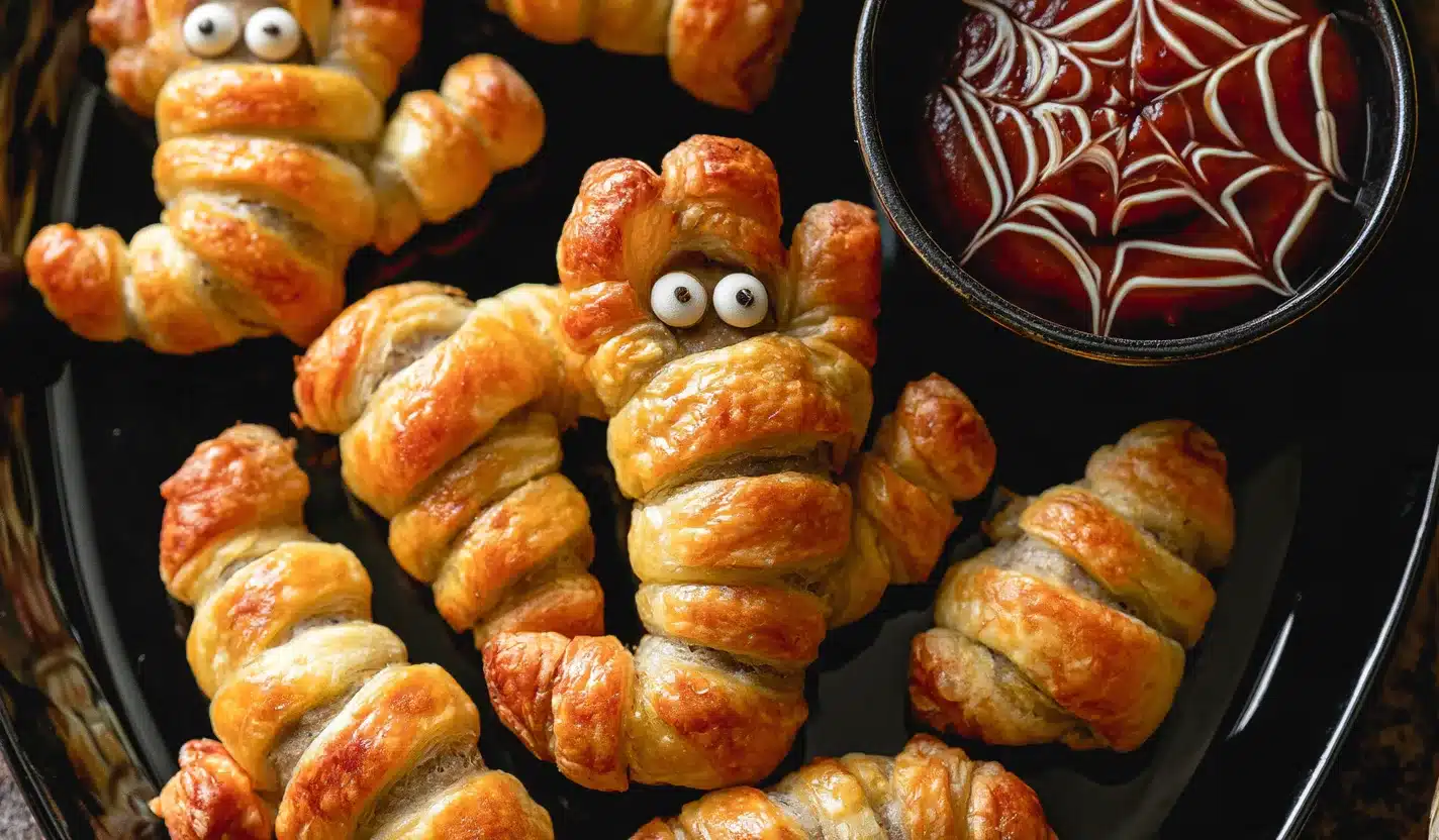 Golden Halloween sausage rolls shaped like creepy fingers with googly eyes and served with blood-red dipping sauce.